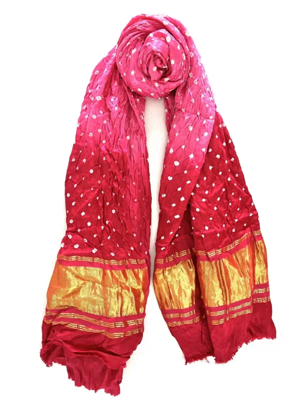 Multicoloured Bhandej modal silk Dupatta with golden zari
