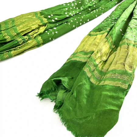 Green Bhandej modal silk Dupatta with golden zari