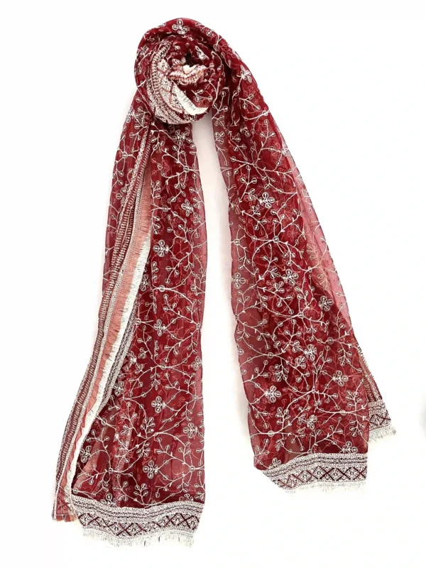 Net Lucknowi embroidery dupatta in Raspberry Red colour